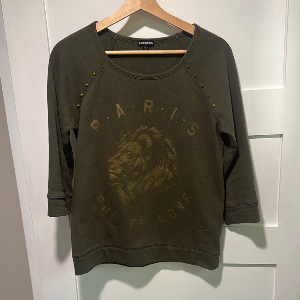 Express Green Crew Neck Sweater with Graphic Design